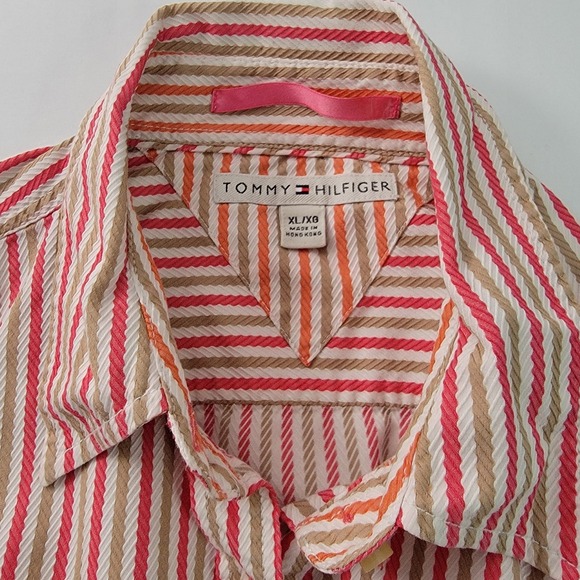 Tommy Hilfiger Shirt Sz XL‎ Women's Button Down Blouse Top Striped Red Tan White - Picture 8 of 13
